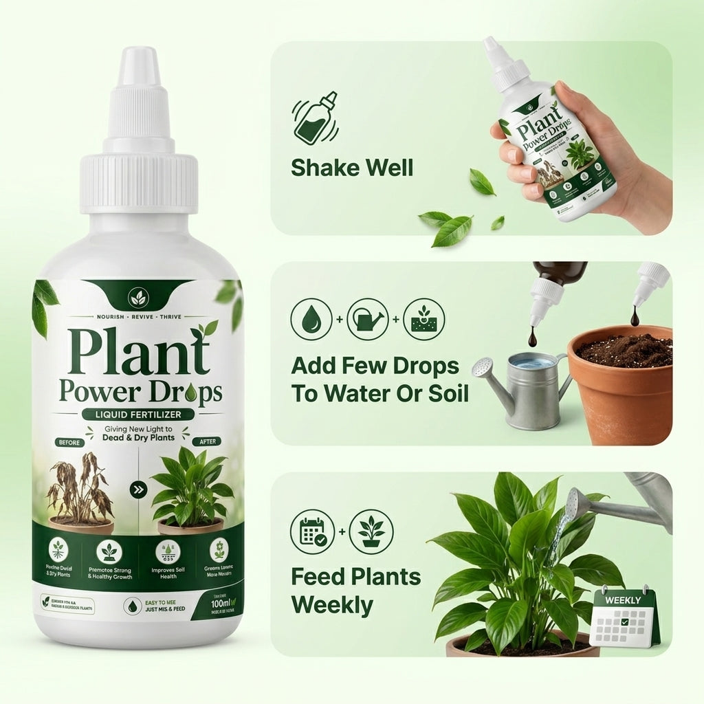 Three-step usage guide: shake well, add drops to water, feed weekly